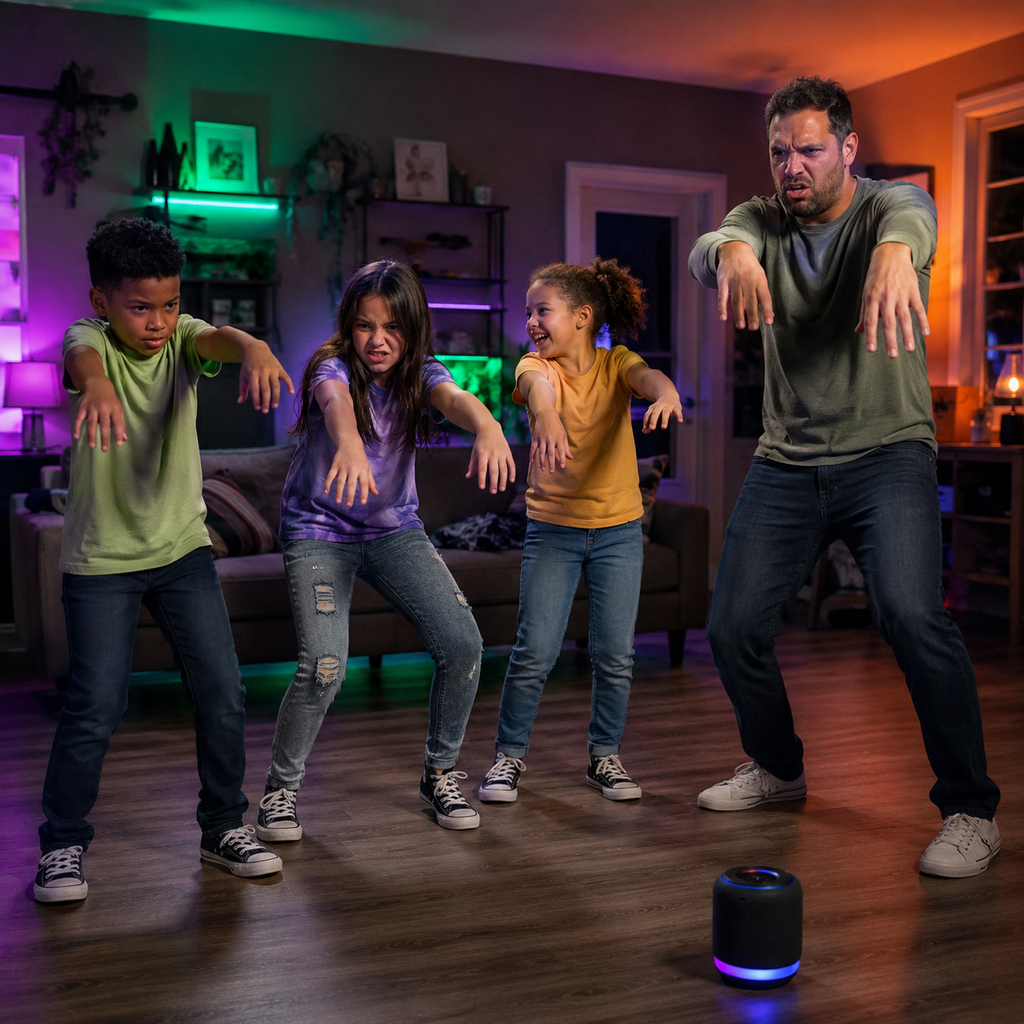 lustiger familien zombietanz im wohnzimmer