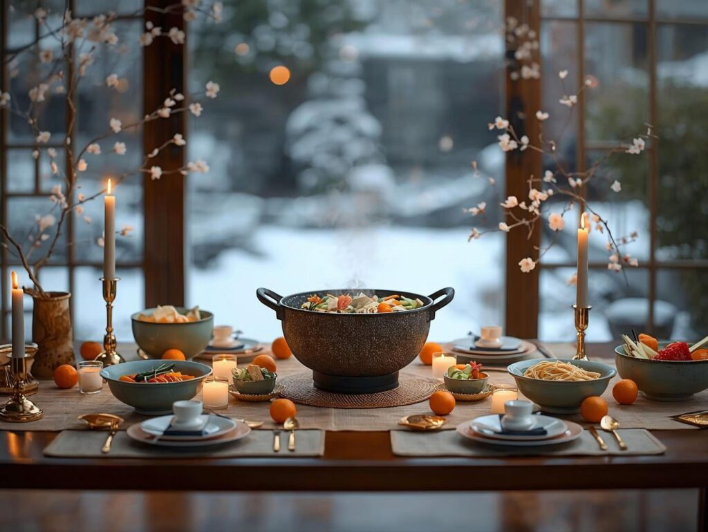 Side View Cozy Asian Inspired Christmas Dinner Table Central Steaming Hot 20251122 003417 00004160097391487458881 1024x770