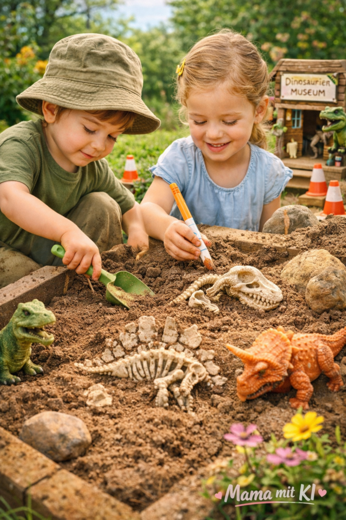 15 Gartenideen für Kinder im Frühling Kind buddelt Dino-Figuren aus Sand aus