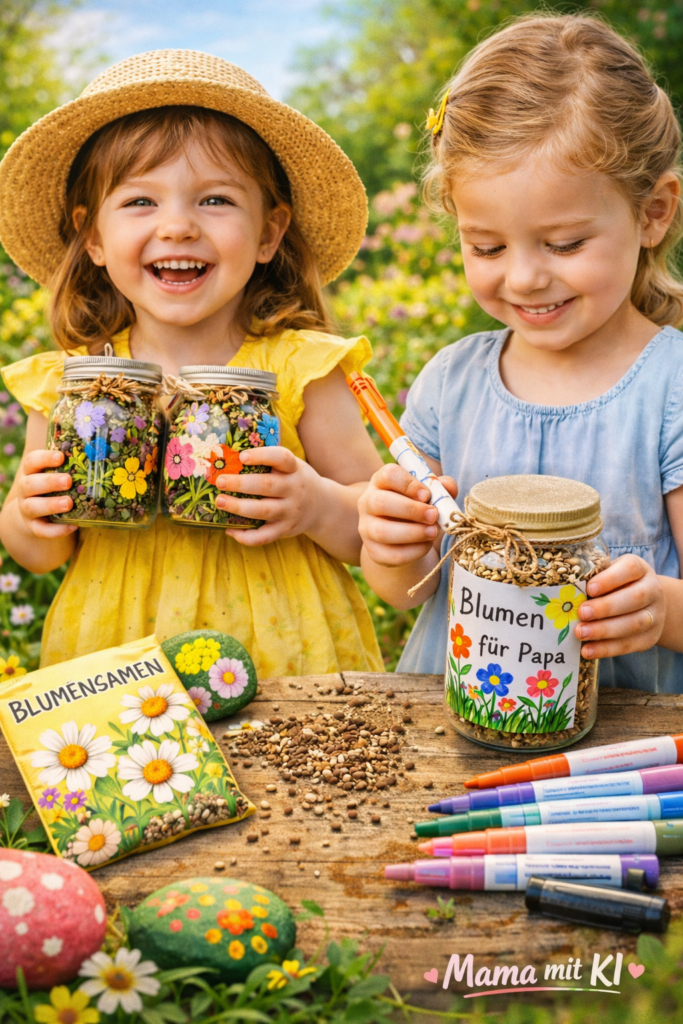 15 Gartenideen für Kinder im Frühling kleine bemalte Gläser mit Blumensamen