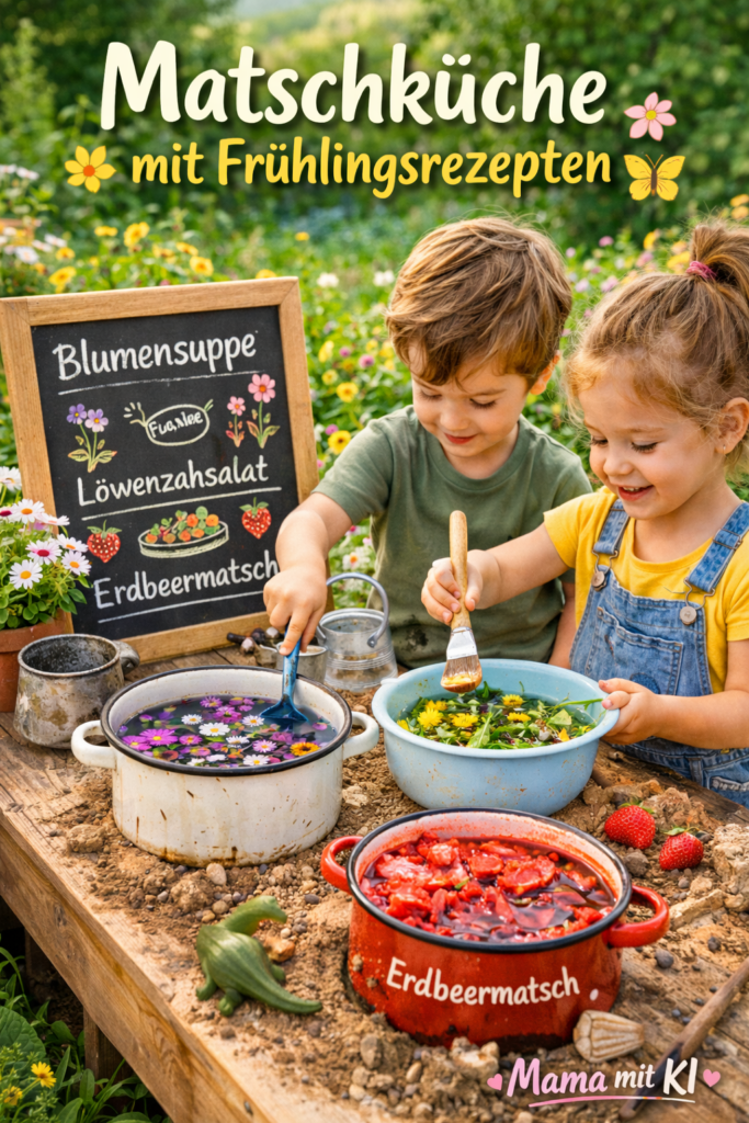15 Gartenideen für Kinder im Frühling Matschküche im Garten mit Töpfen und Schüsseln
