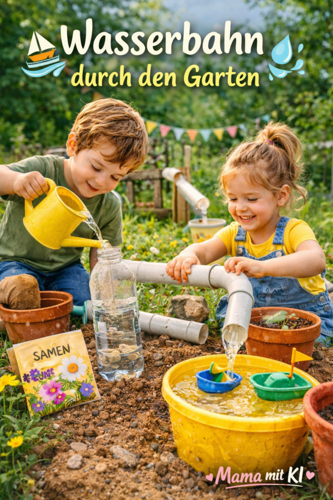 15 Gartenideen für Kinder im Frühling Wasserbahn aus Rohren und Eimern im Garten