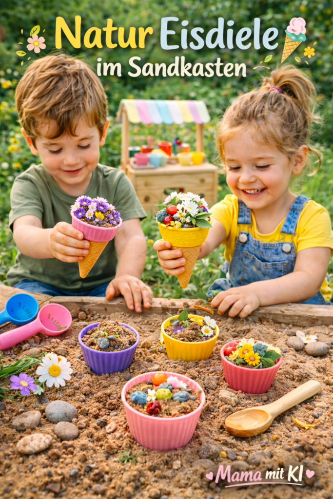 15 Gartenideen für Kinder im Frühling Sandkasten-Eisdiele mit Förmchen und Blüten