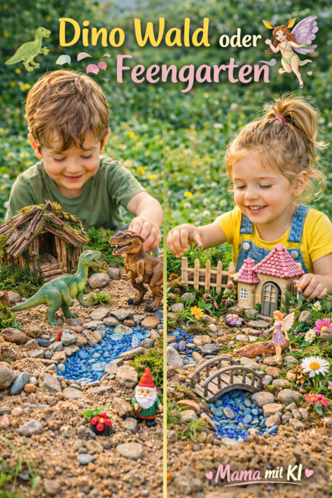 15 Gartenideen für Kinder im Frühling Feengarten mit kleinen Figuren zwischen Pflanzen