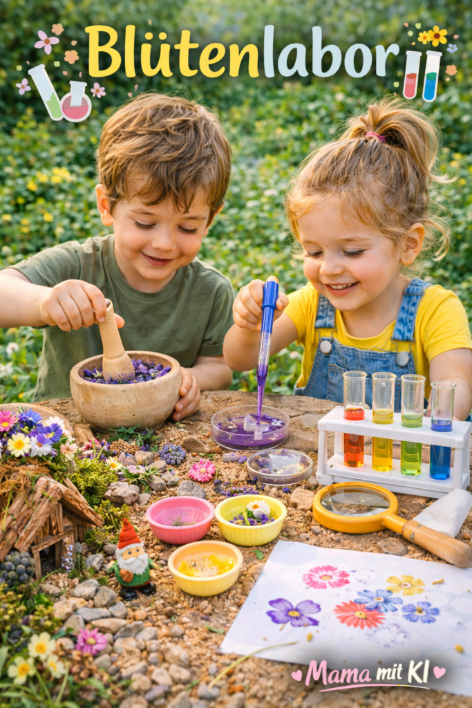 15 Gartenideen für Kinder im Frühling Kind beim Blütenexperimentieren mit Pipetten