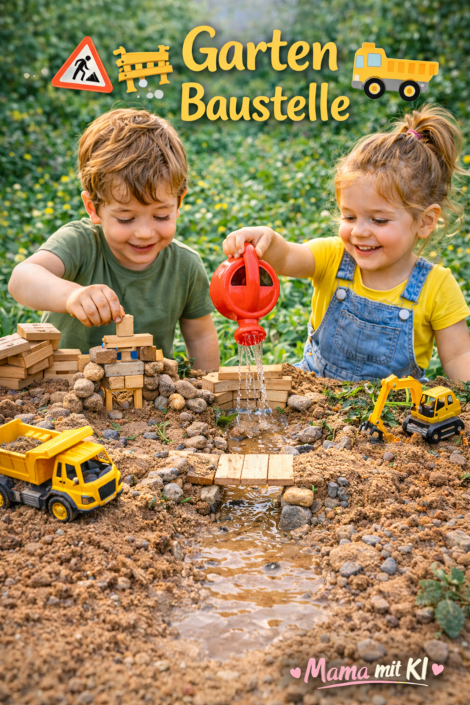 15 Gartenideen für Kinder im Frühling Garten-Baustelle mit Sand, Steinen und Holzstücken