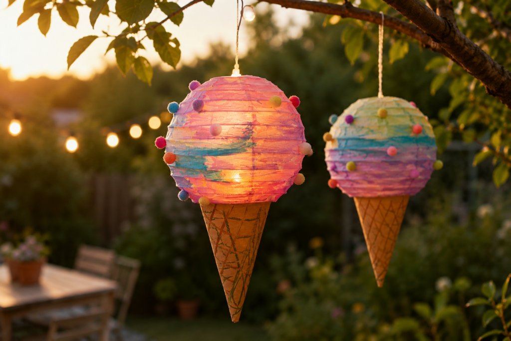 Selbstgemachte Eistüten-Laterne aus Lampion und brauner Pappe mit bunten Pompoms