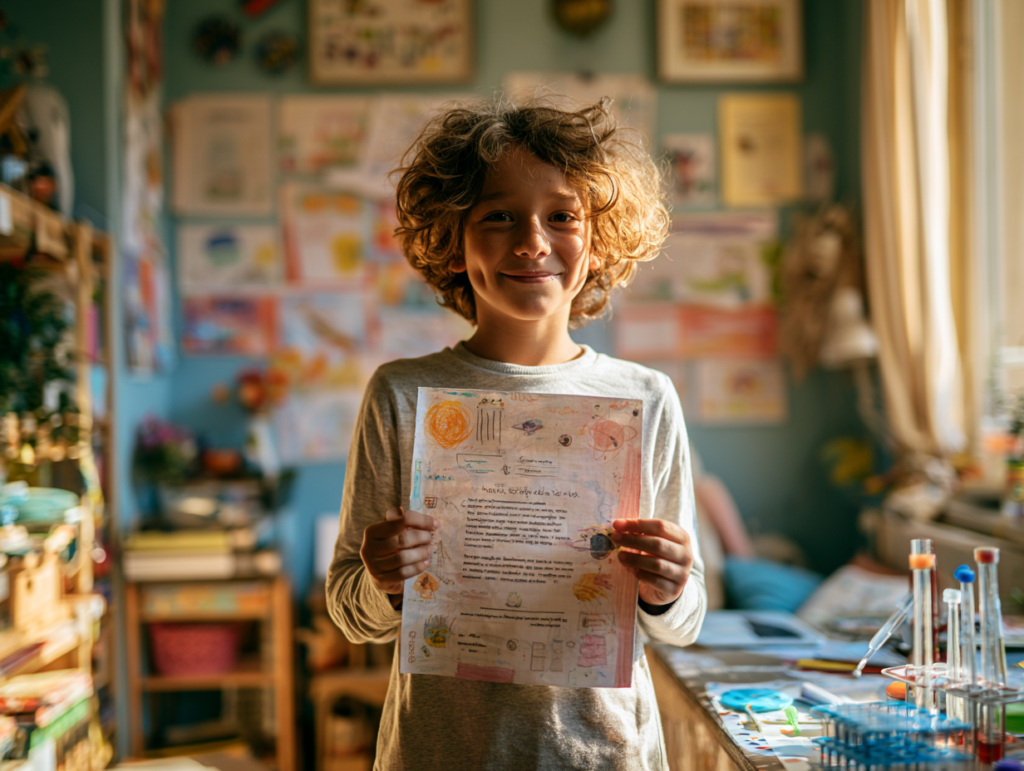 Marie Curie für Kinder: 5 Forscher-Ideen über Neugier und Durchhalten u6386941713 a proud school age child holding a homemade scien 91154a44 ba3f 4a48 913b 2a624712d728 1