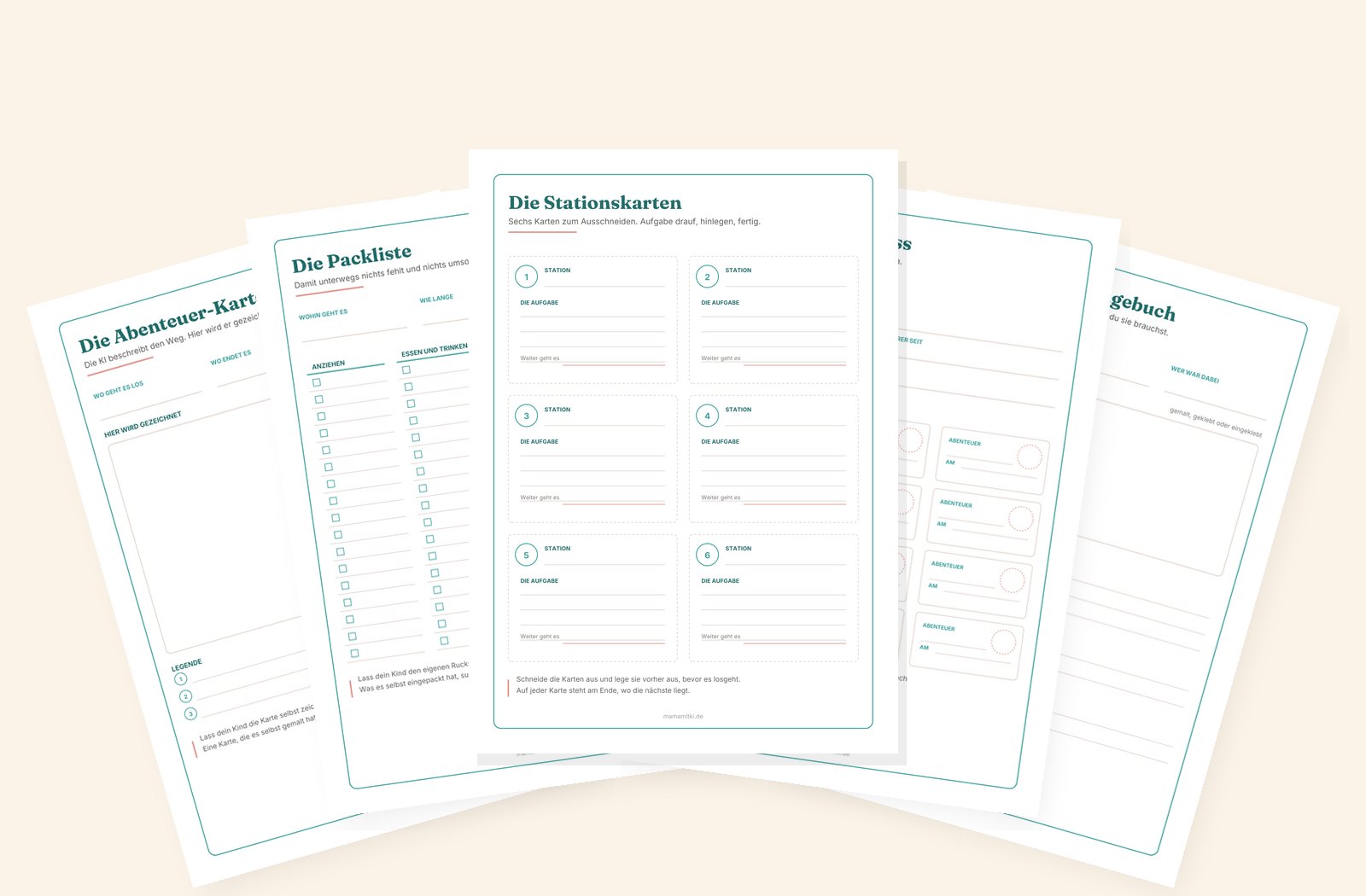 Abenteuer auf Knopfdruck Die fuenf Bonus-Vorlagen aufgefaechert: Abenteuer-Karte, Stationskarten, Abenteuer-Pass, Packliste und Abenteuer-Tagebuch