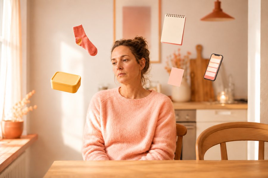 Mutter am Kuechentisch, um ihren Kopf schweben Socke, Brotdose, Zettel und Handy