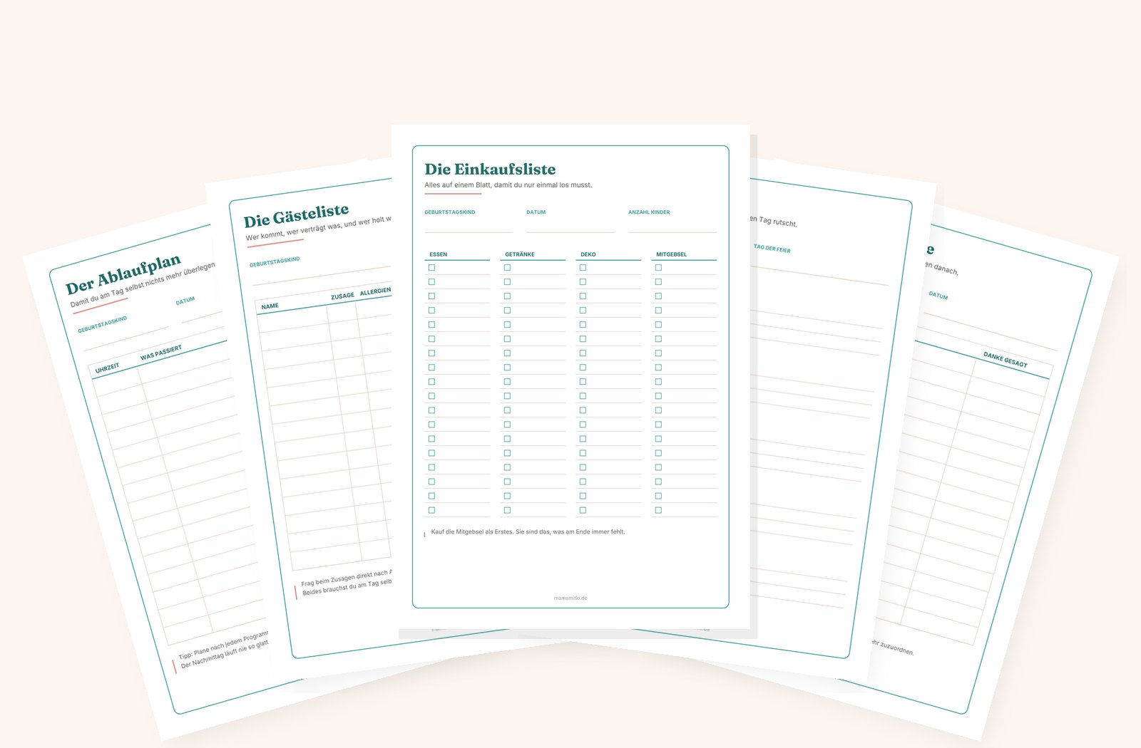 Die fuenf Bonus-Vorlagen aufgefaechert: Schulweg-Karte, Einladung, Papierkette, Briefblatt und Sprechblasen-Seite