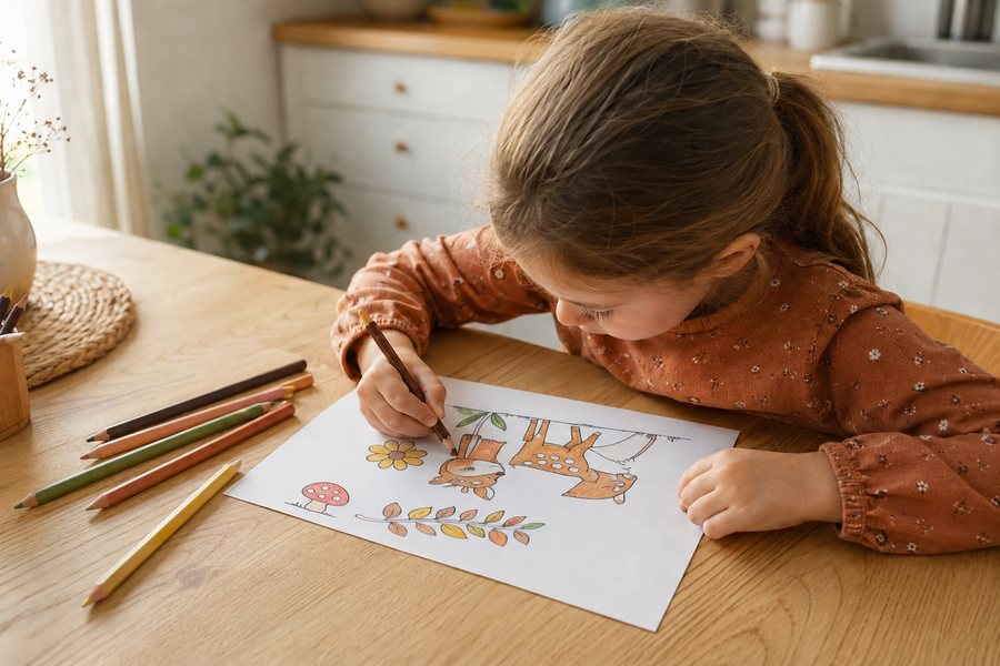 Kind malt am Küchentisch eine ausgedruckte Malvorlage aus