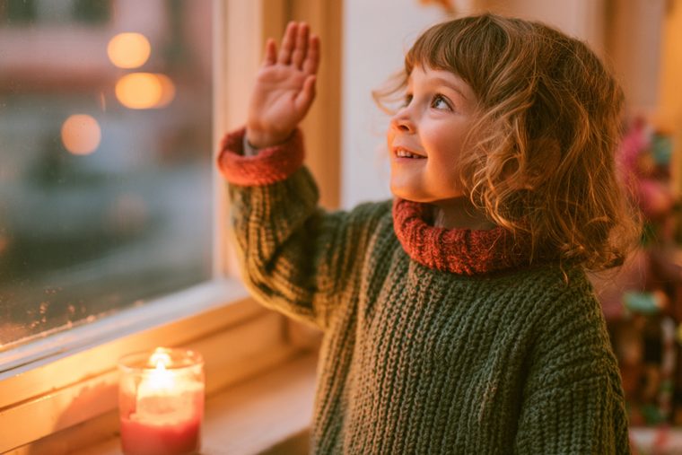 Wichteltür auf Knopfdruck Kind winkt am Fenster zum Abschied