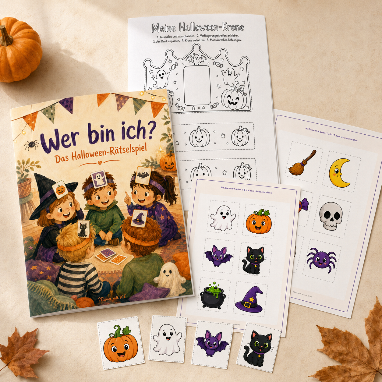Wer bin ich? Das Halloween-Rätselspiel, Krone, Karten und Anleitung zum Ausdrucken